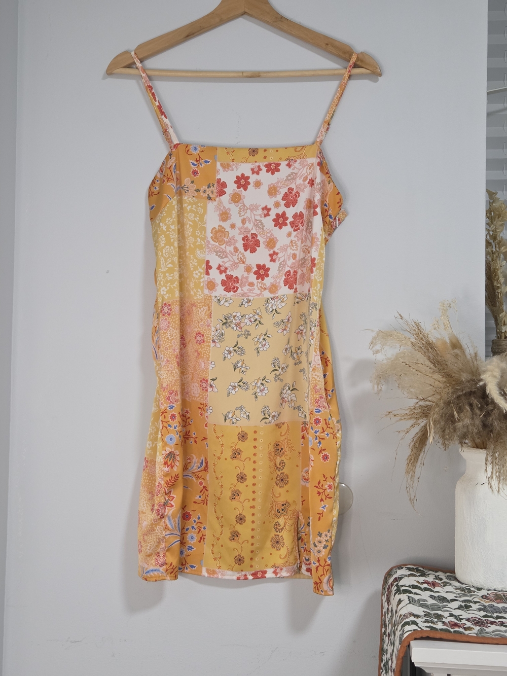 Forever 21 Ssatin Yellow Floral Patchwork Slip Dress